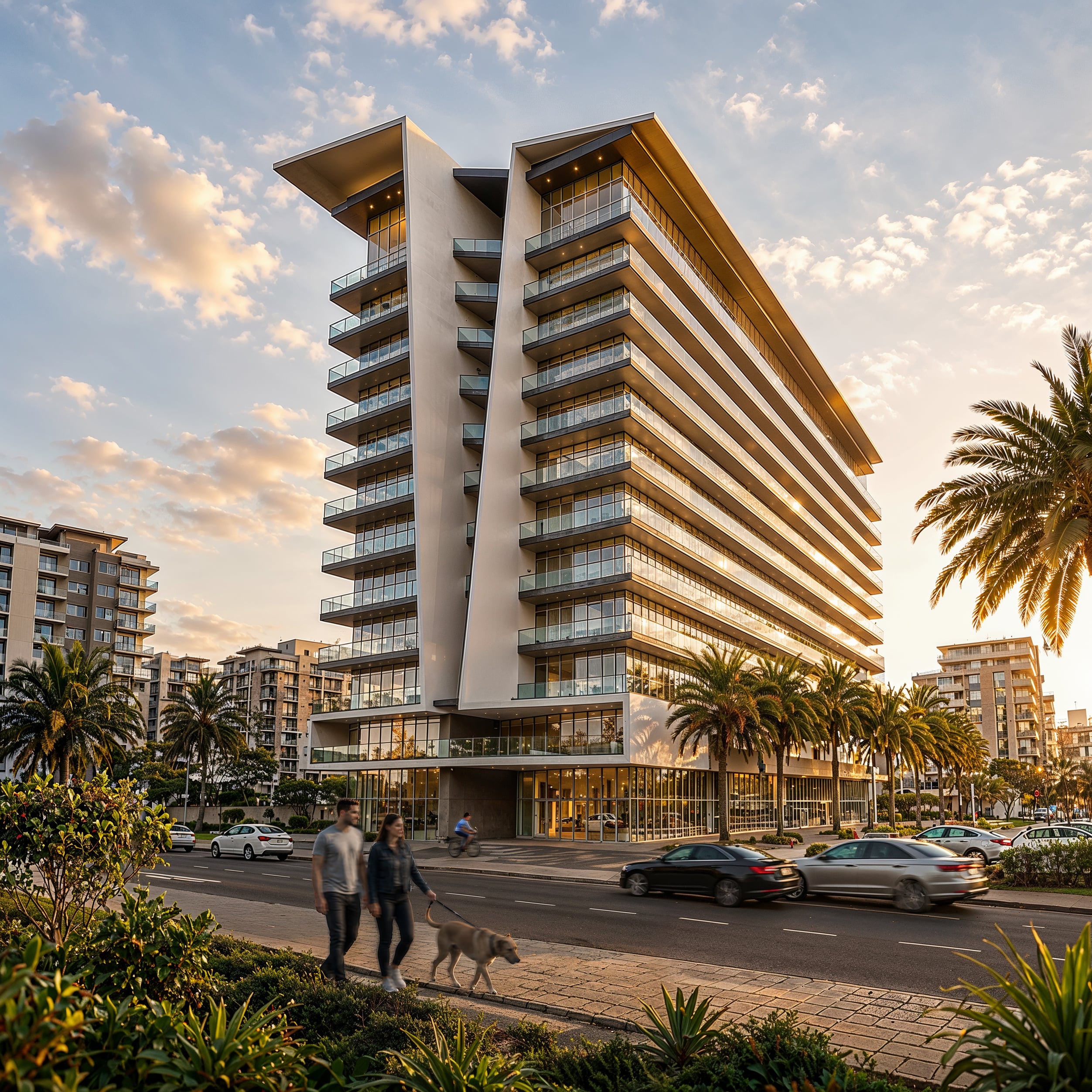 Tolia — a modernist residential building on the seafront, facade at sunset