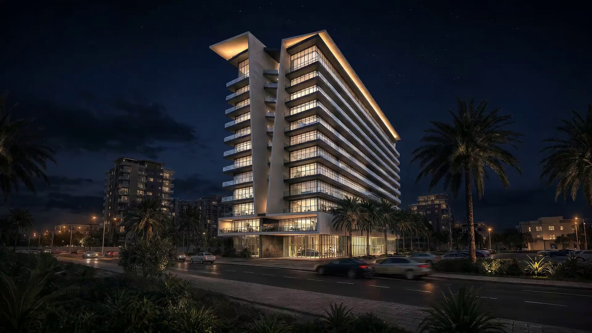 Tolia — a modernist residential building on the seafront, facade at sunset