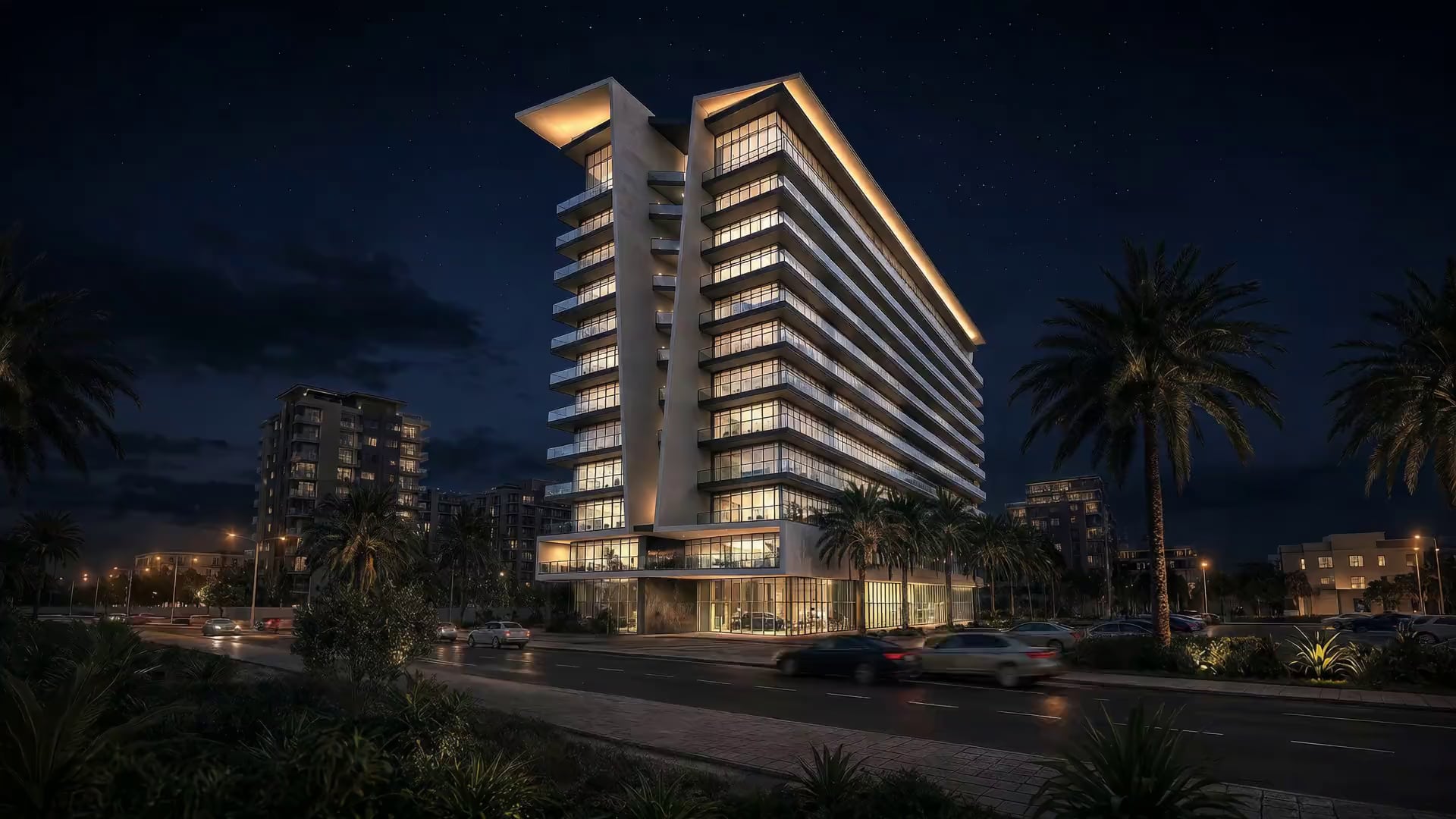 Tolia — a modernist residential building on the seafront, facade at sunset