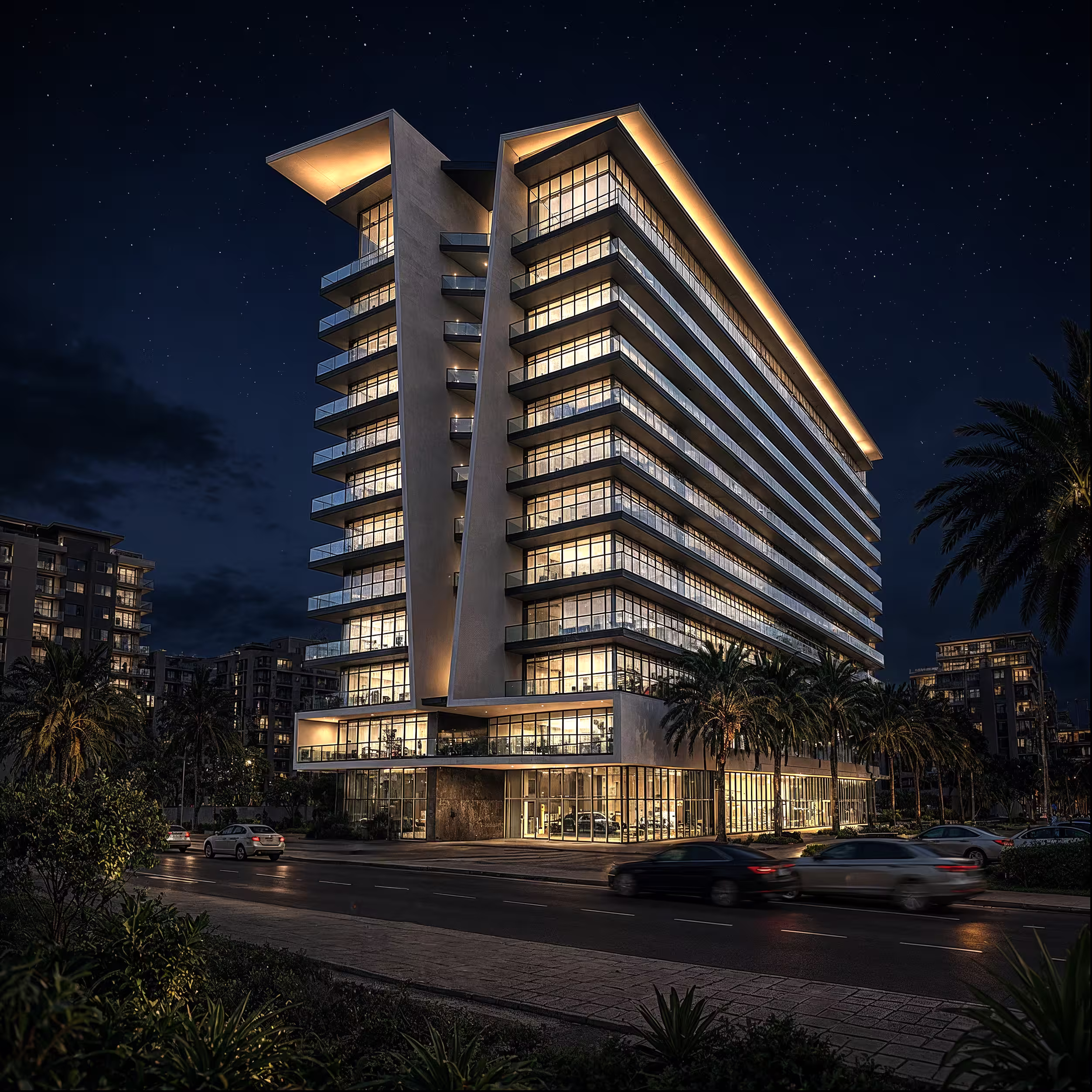 Tolia — modernist seafront residential building at golden hour